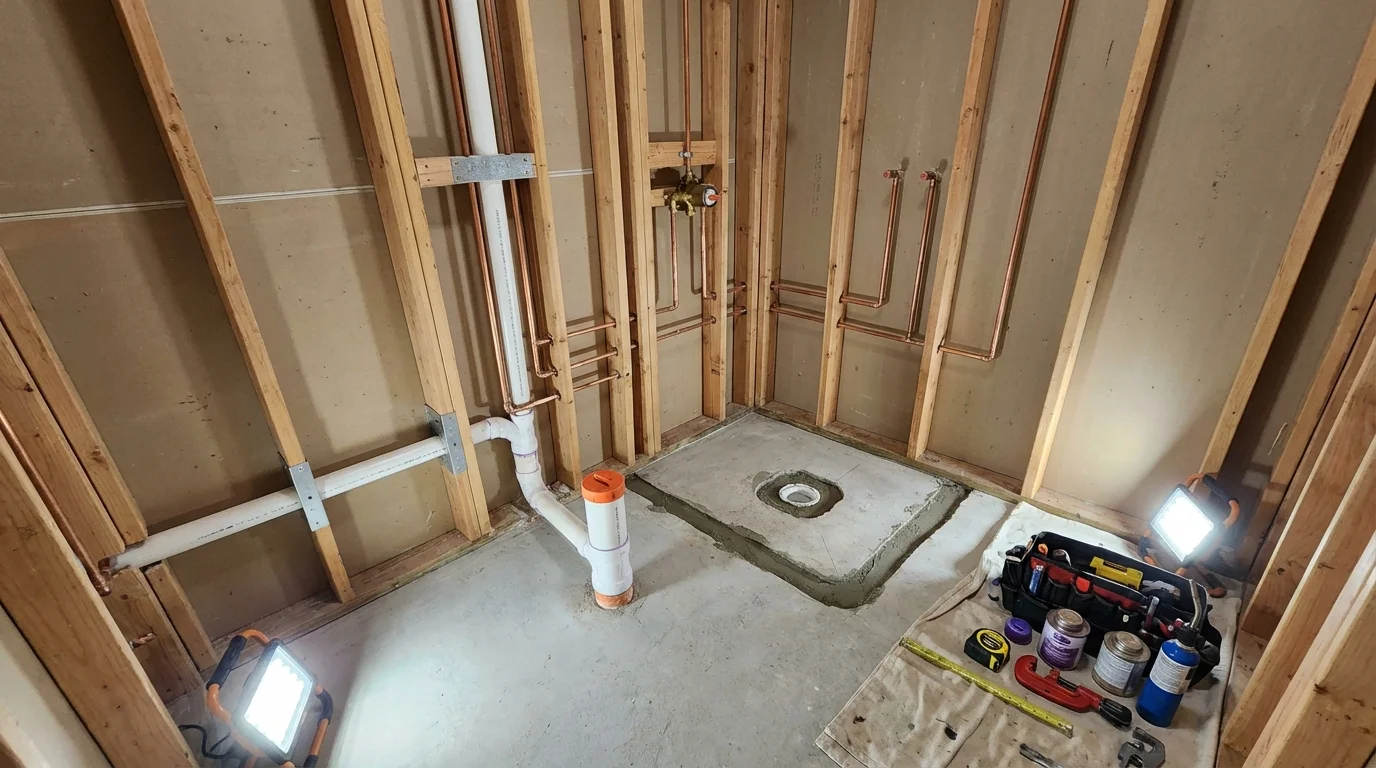 Bathroom rough-in plumbing during remodel by Johns Plumbing LLC in Grand Ronde