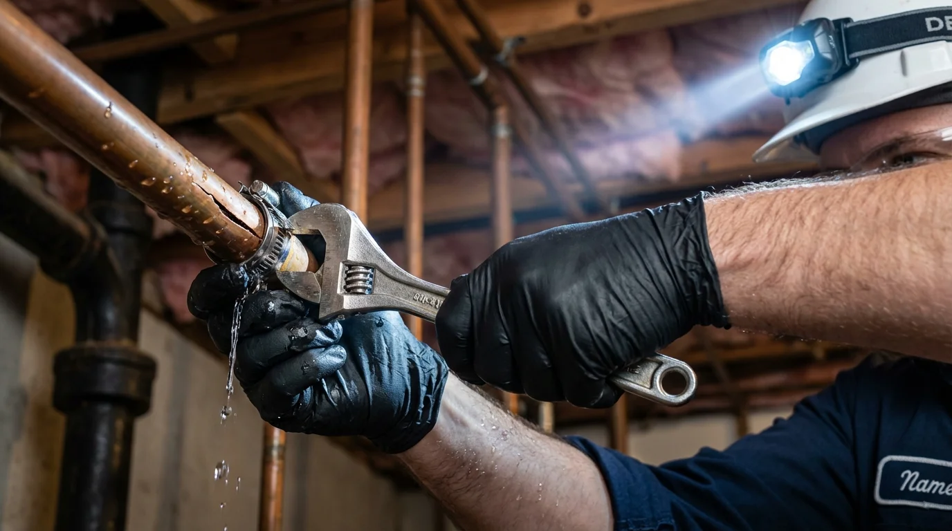 Emergency pipe clamp repair being performed by a Johns Plumbing LLC plumber in Grand Ronde