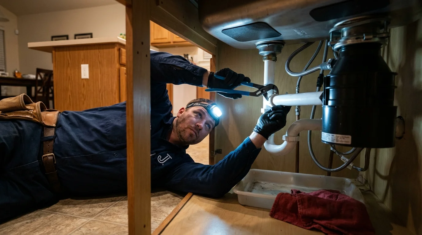 P-trap and supply line connections under a kitchen sink showing a common leak point in Grand Ronde, OR